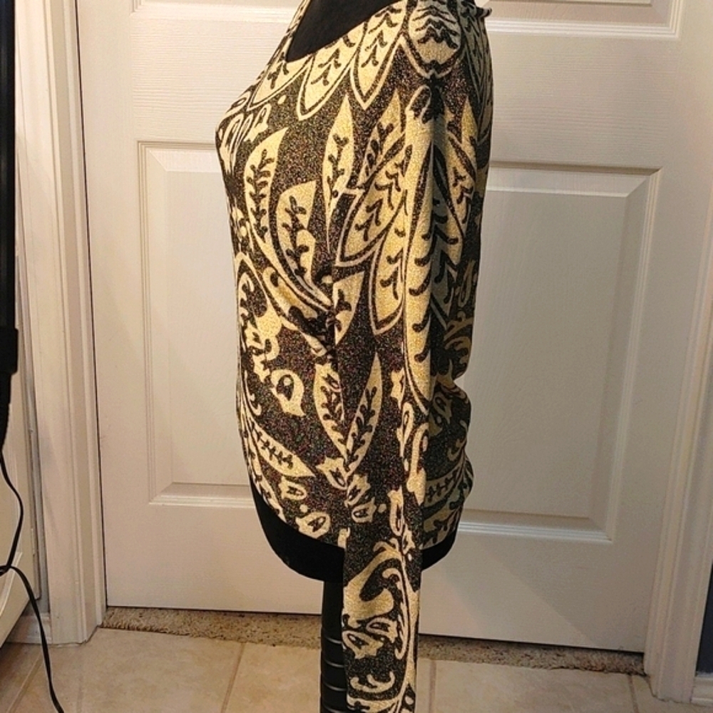 New Pierre Women's Long Sleeve Shimmery V-Neck Sweater Gold Black Large Holiday - Picture 7 of 12